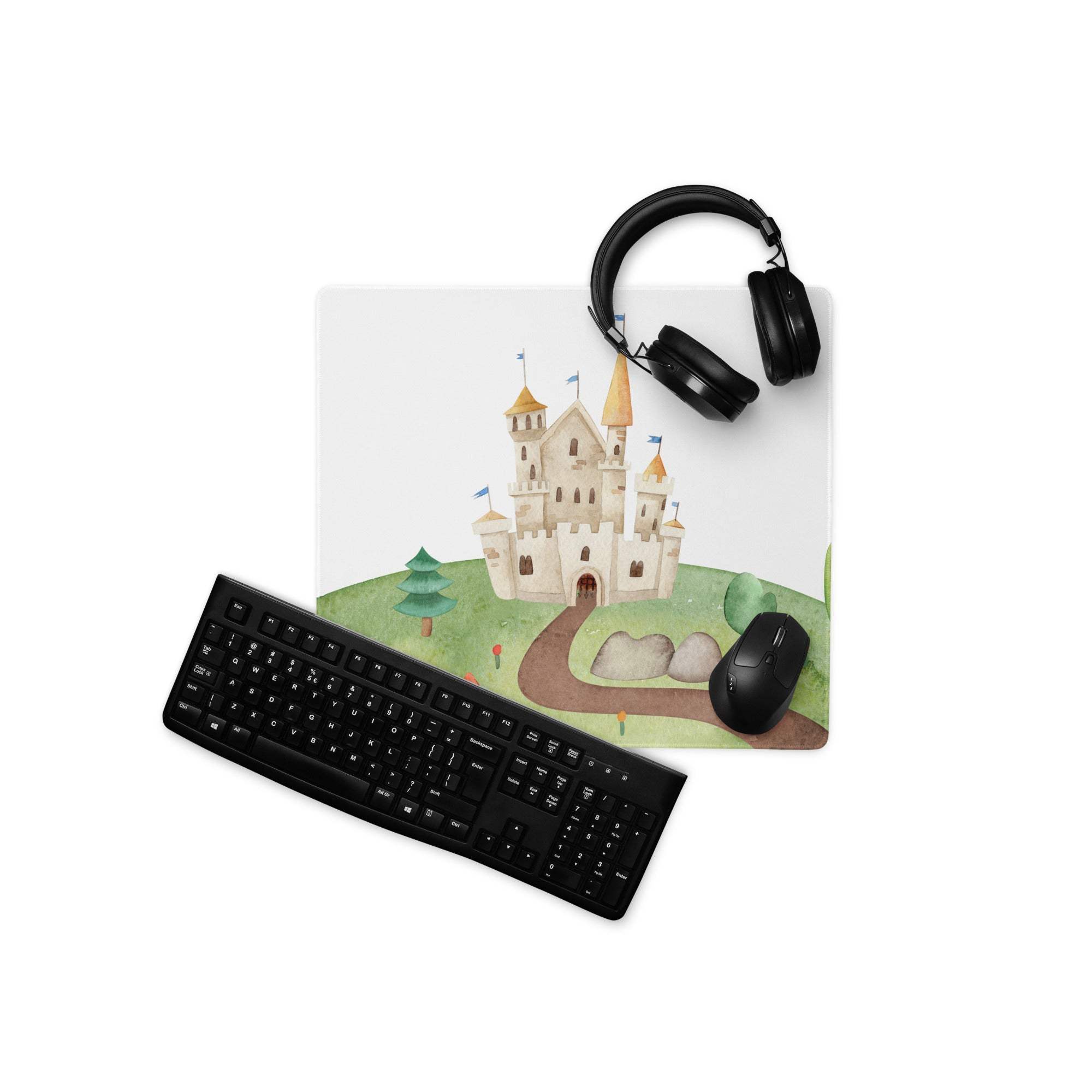 Whimsical watercolor beige castle large gaming mouse pad with non-slip backing