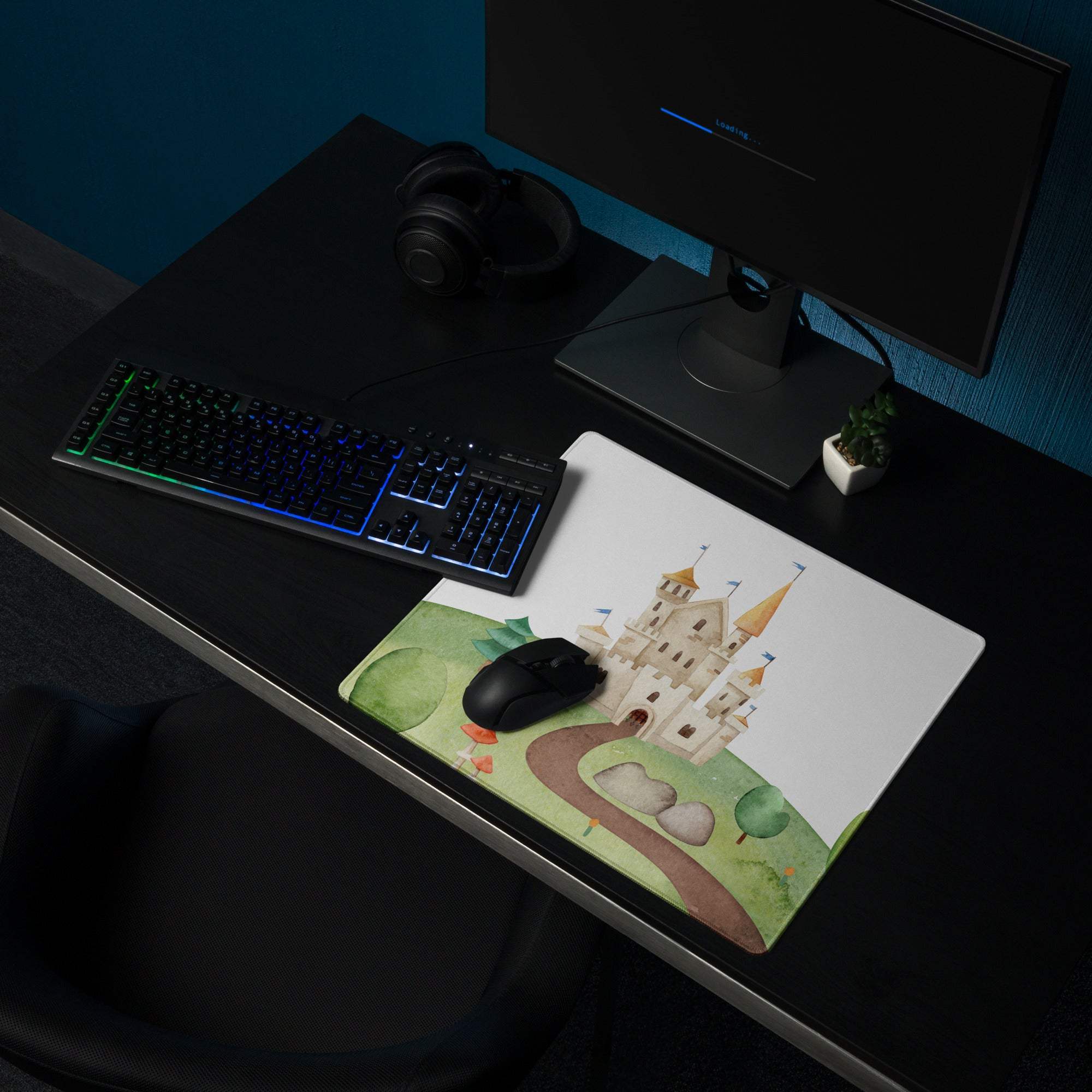 Whimsical watercolor castle landscape large gaming mouse pad with non-slip backing