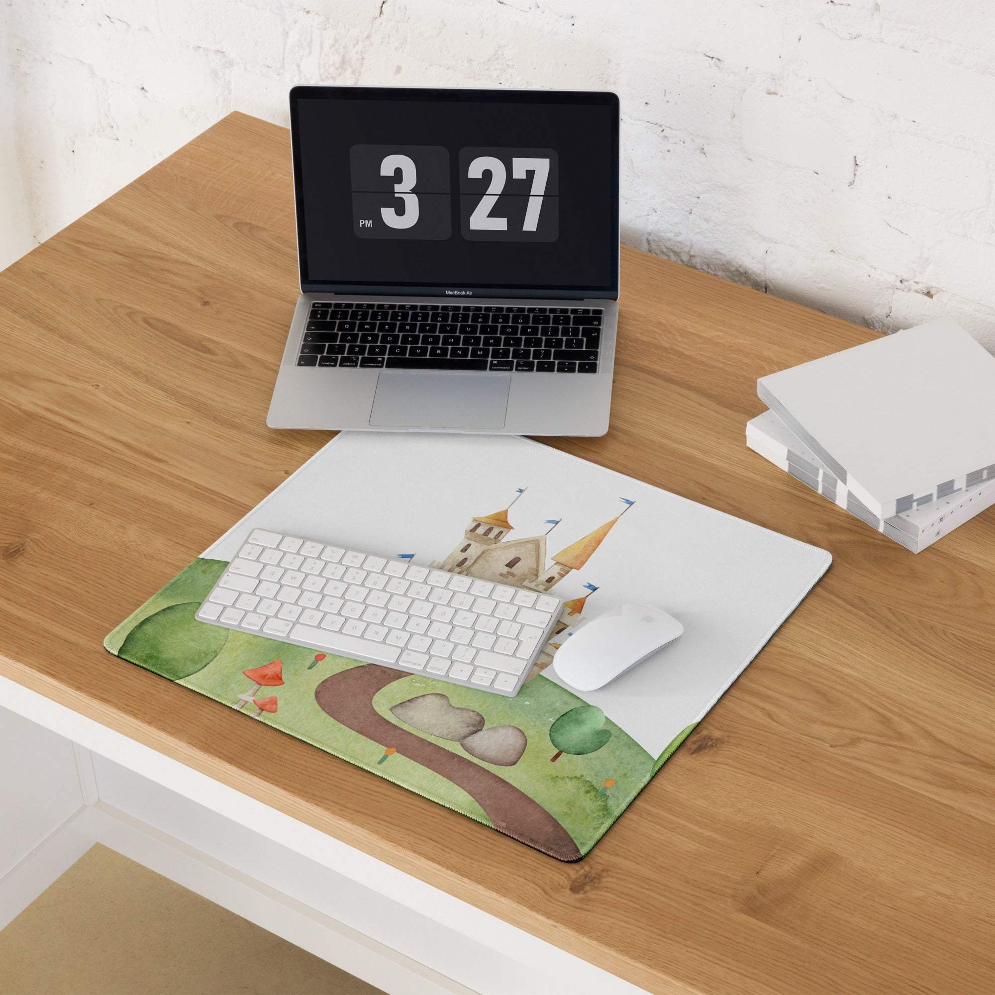 Whimsical watercolor castle landscape large gaming mouse pad