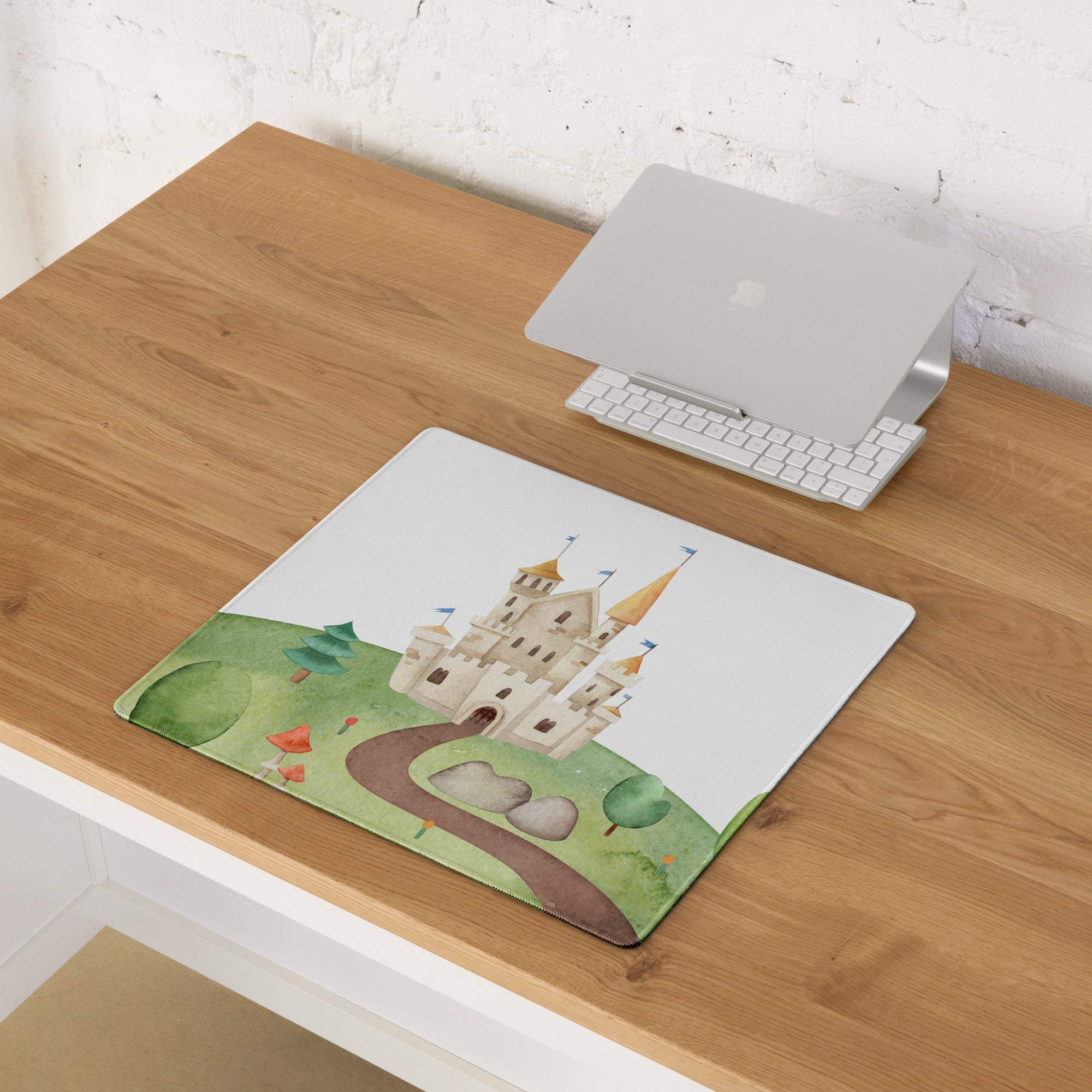 Whimsical watercolor castle on green hills large gaming mouse pad