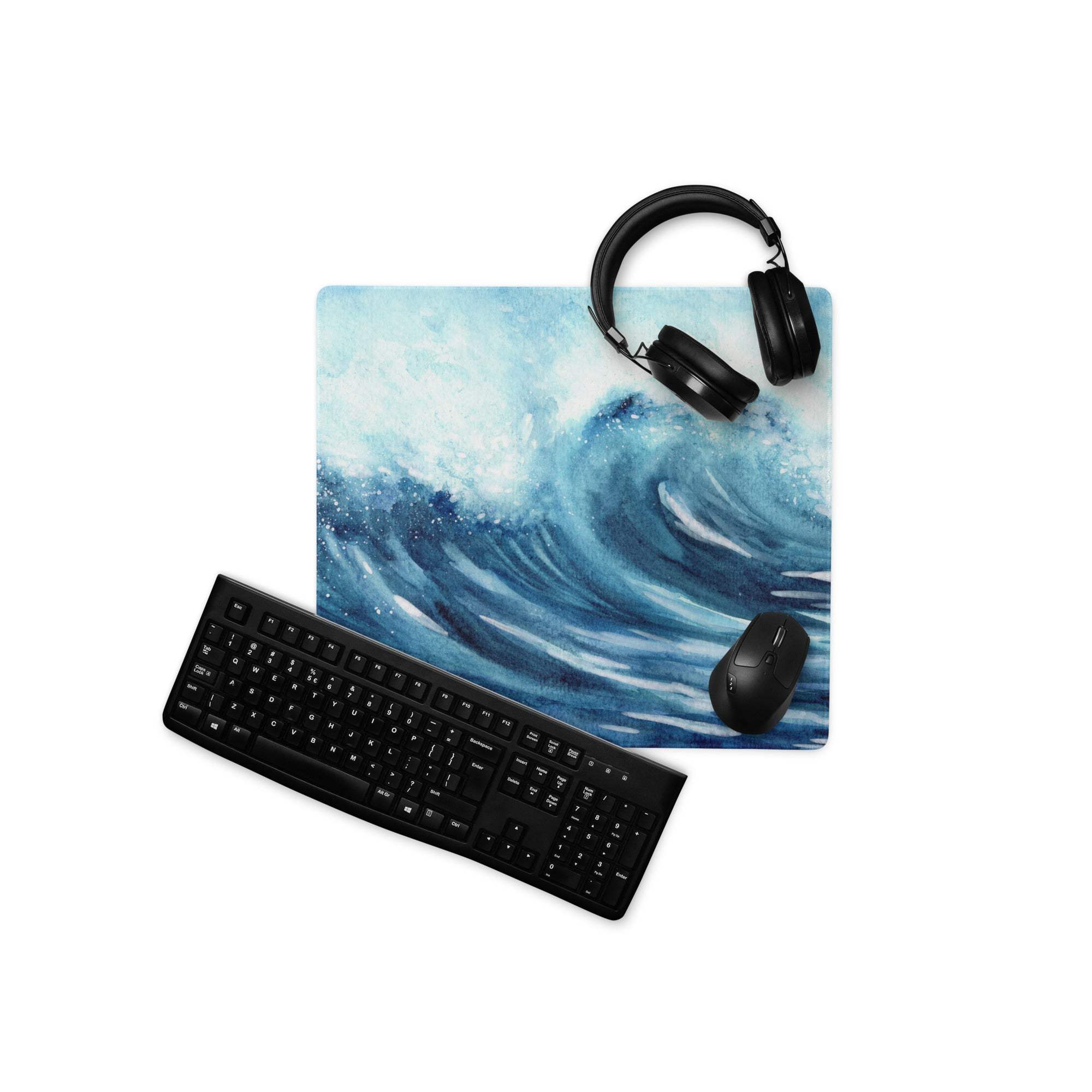 Blue watercolor ocean wave gaming mouse pad with stitching and non-slip backing