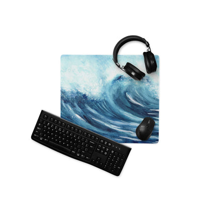 Blue watercolor ocean wave gaming mouse pad with stitching and non-slip backing