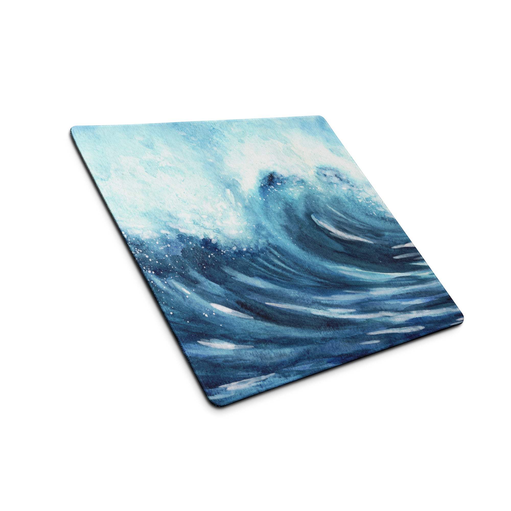 Blue watercolor ocean wave gaming mouse pad with stitching and non-slip backing