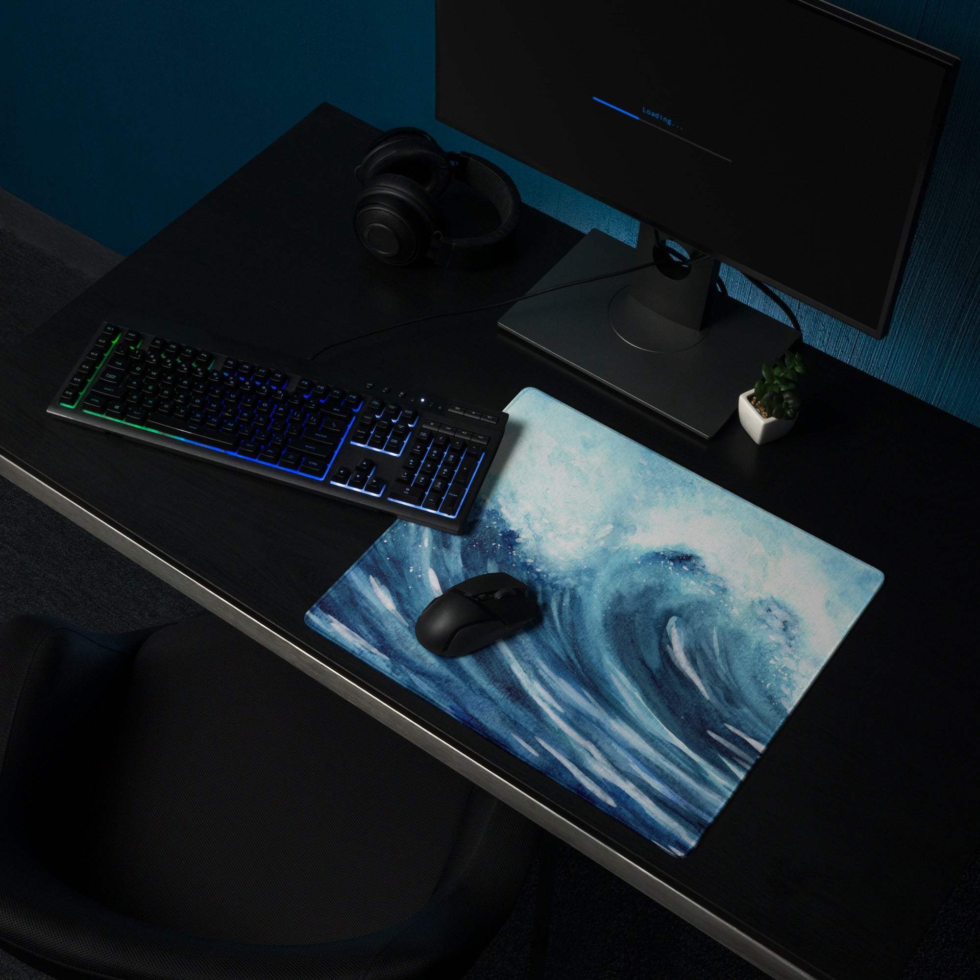 Blue watercolor ocean wave gaming mouse pad with stitching and non-slip backing