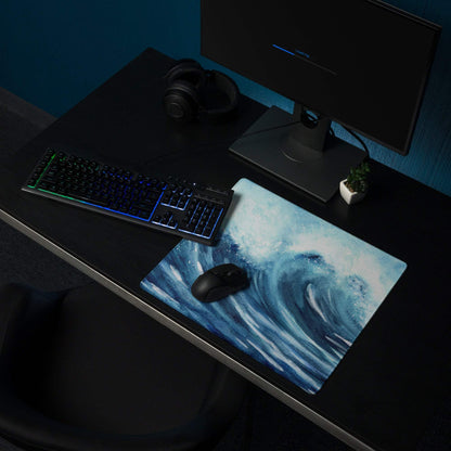Blue watercolor ocean wave gaming mouse pad with stitching and non-slip backing