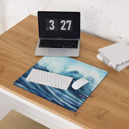 Blue watercolor ocean wave gaming mouse pad with stitching and non-slip back