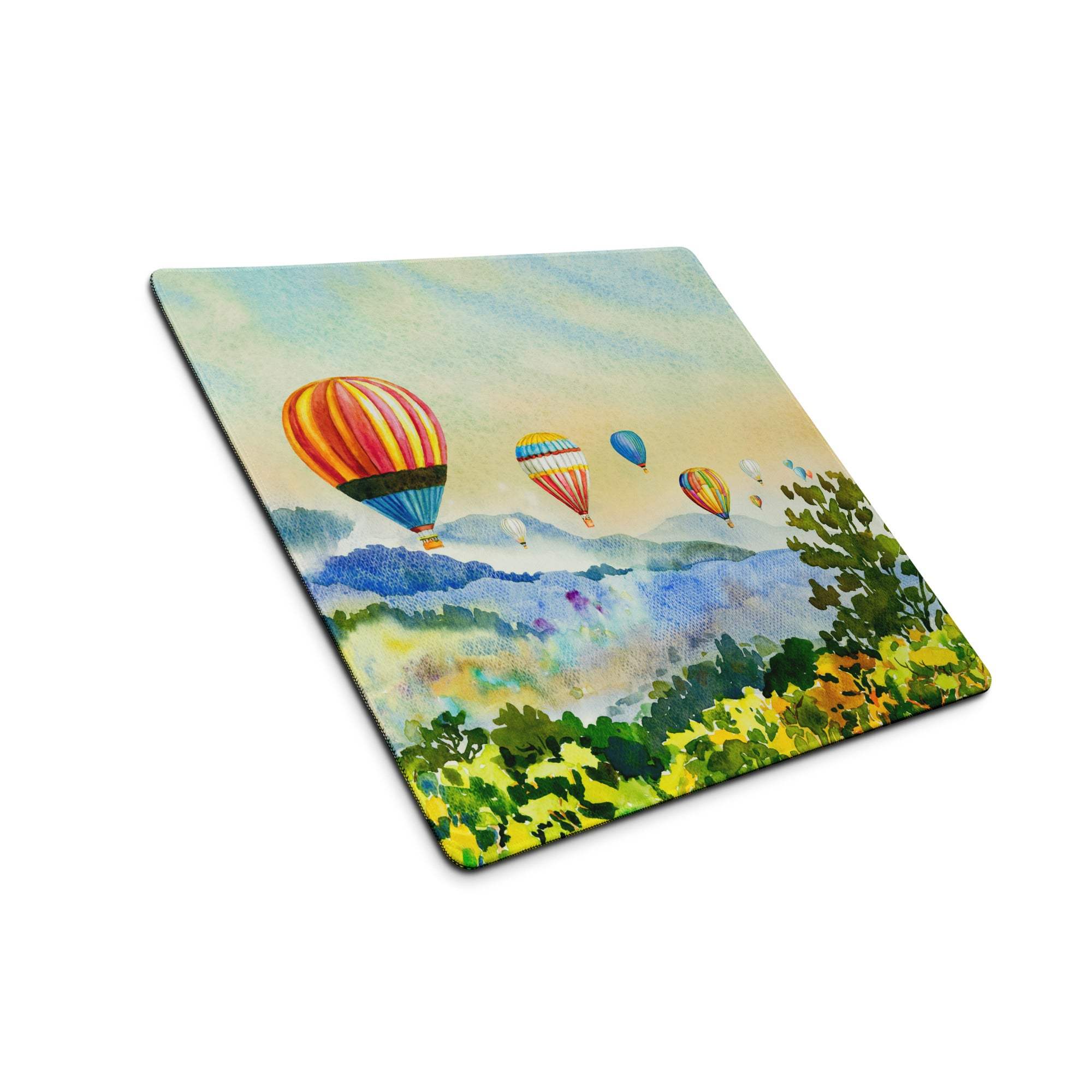 Square watercolor hot air balloon mouse pad with hills, edge stitching, non-slip backing