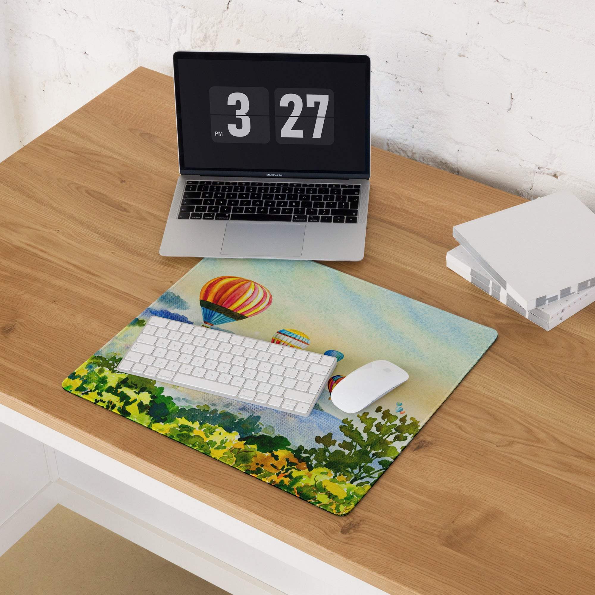 Colorful watercolor hot air balloon mousepad with foliage, blue skies, edge stitching, non-slip backing
