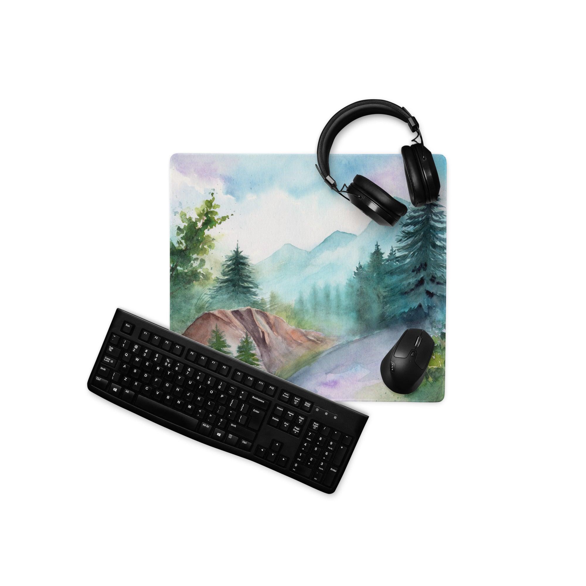 Watercolor mountain forest gaming mouse pad with green pines and misty peaks