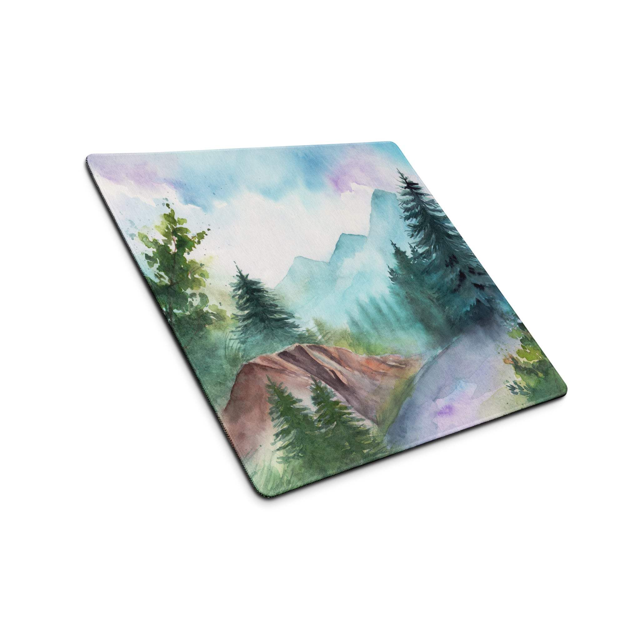 Watercolor mountain forest gaming mouse pad with calm blue green tones