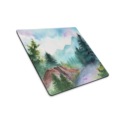 Watercolor mountain forest gaming mouse pad with calm blue green tones