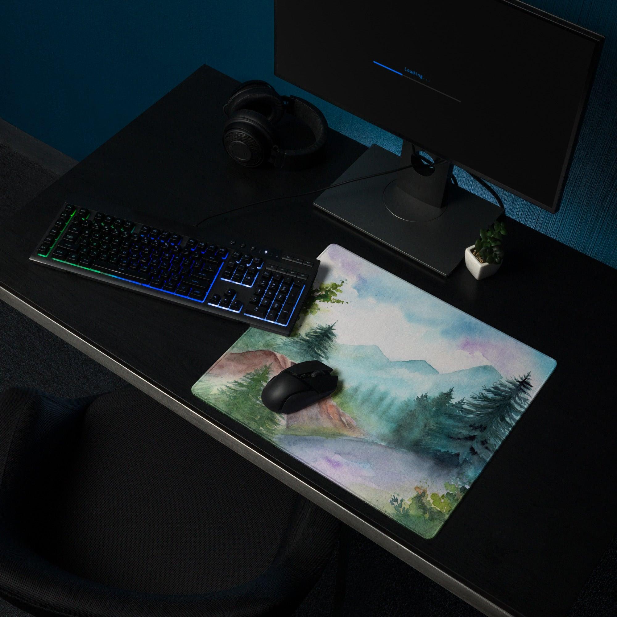 Watercolor mountain forest gaming mouse pad in calm blue green tones