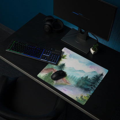 Watercolor mountain forest gaming mouse pad in calm blue green tones