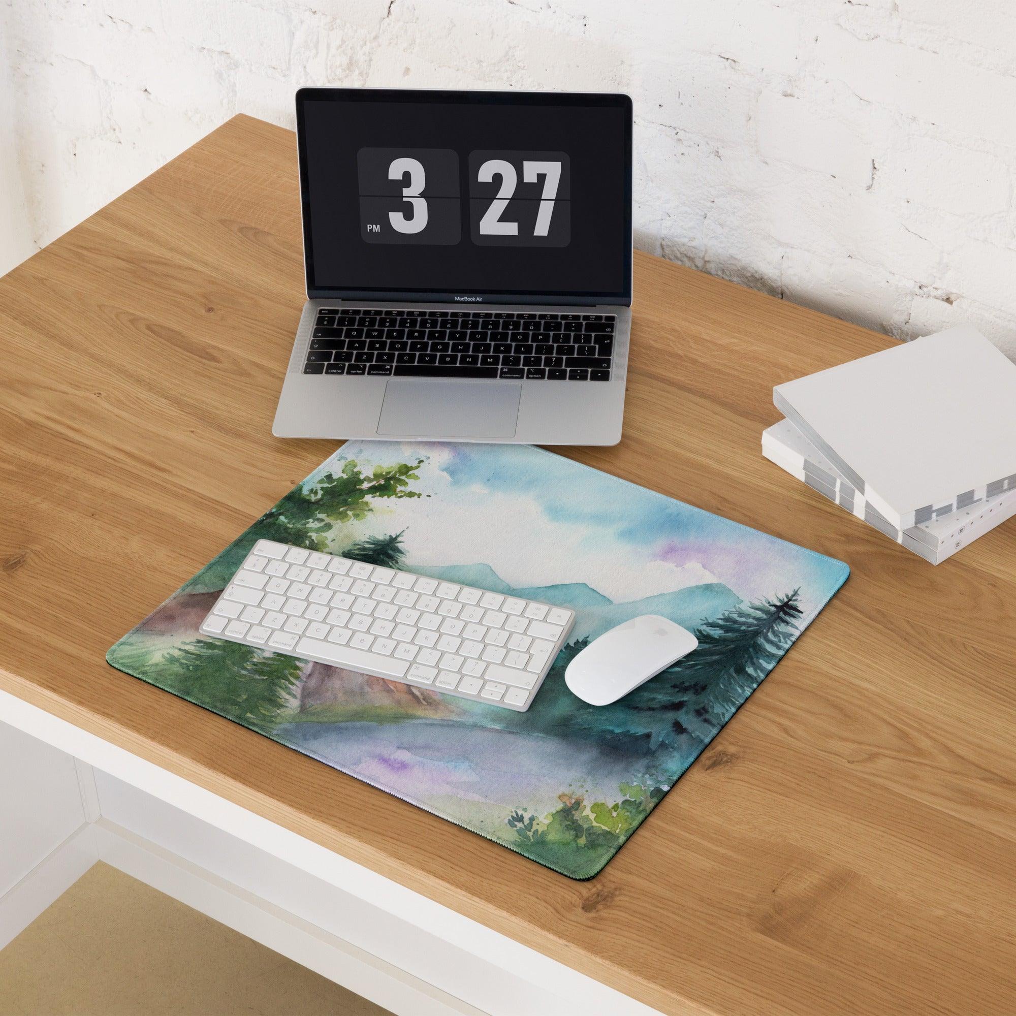 Watercolor mountain forest gaming mouse pad with green trees, blue mountains