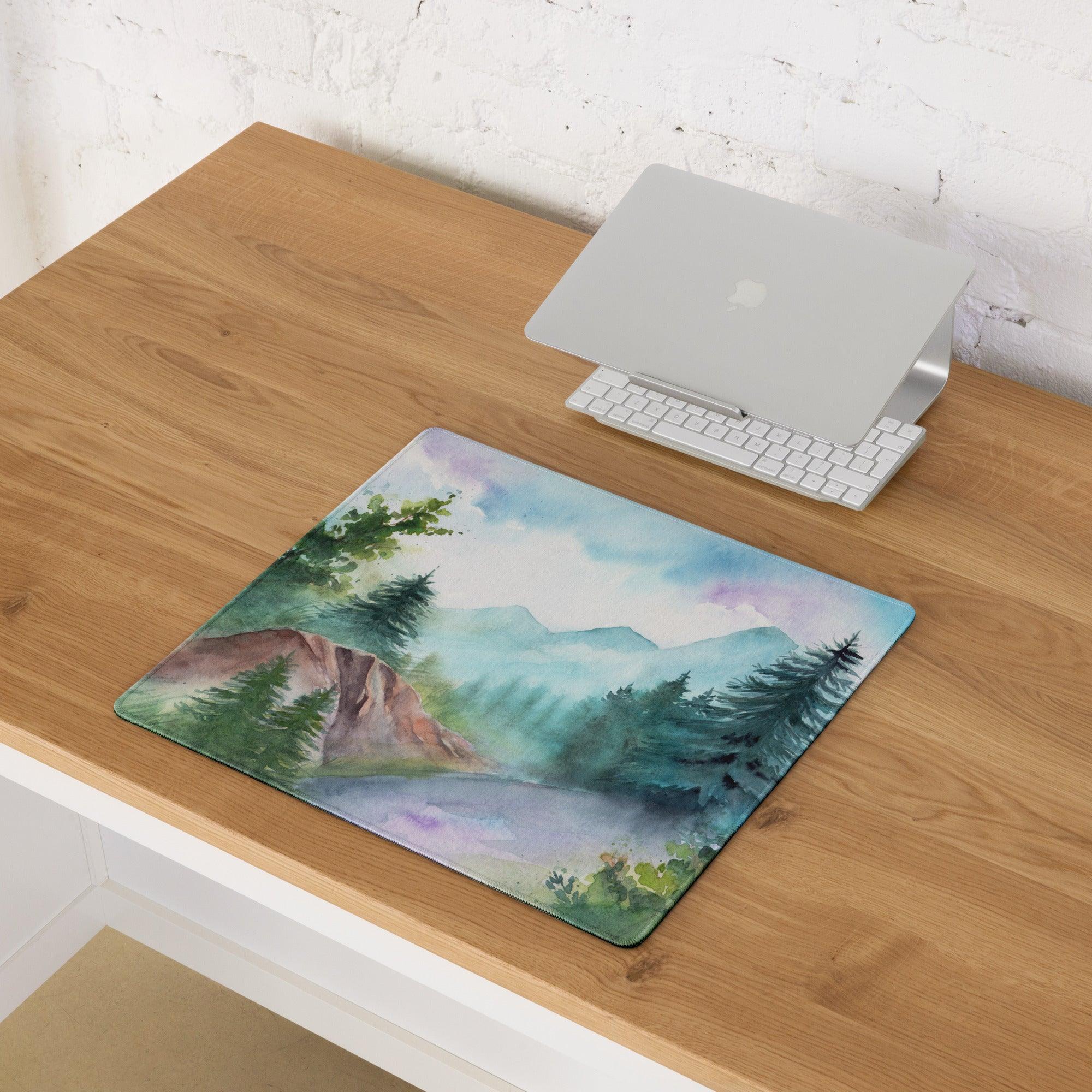 Watercolor mountain forest gaming mouse pad with green pines and misty peaks