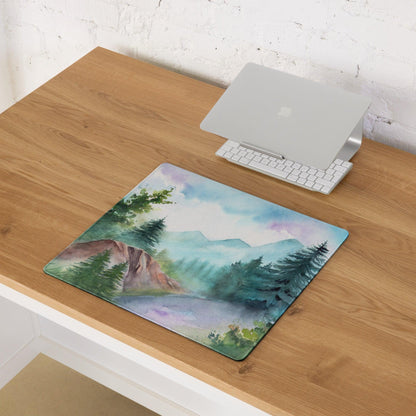 Watercolor mountain forest gaming mouse pad with green pines and misty peaks