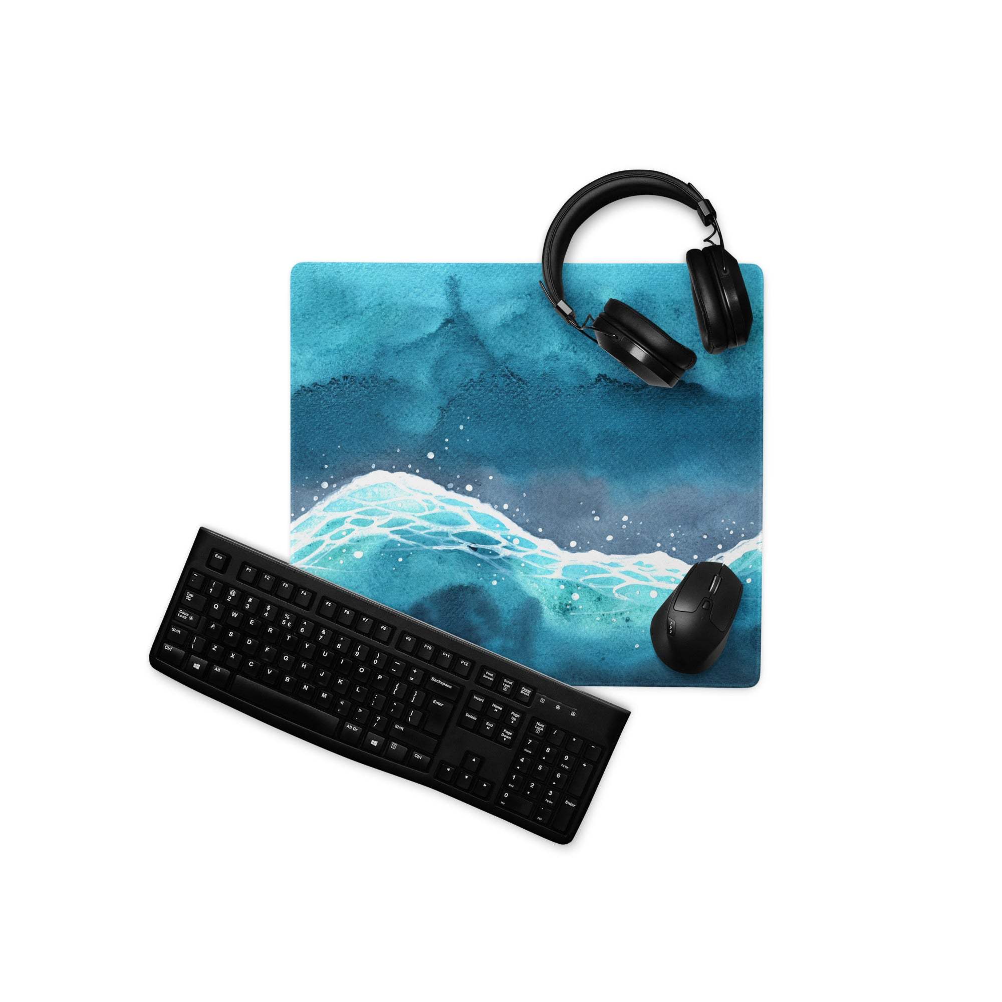Blue watercolor ocean waves gaming mouse pad with non-slip backing