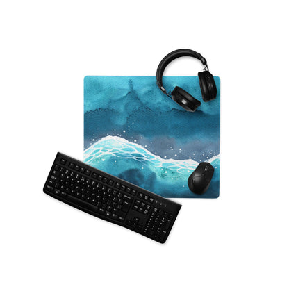 Blue watercolor ocean waves gaming mouse pad with non-slip backing