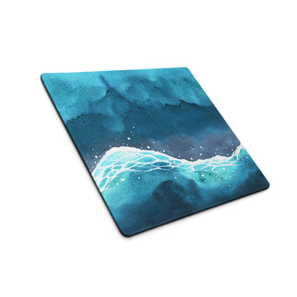 Square watercolor ocean wave teal blue mouse pad with non-slip backing