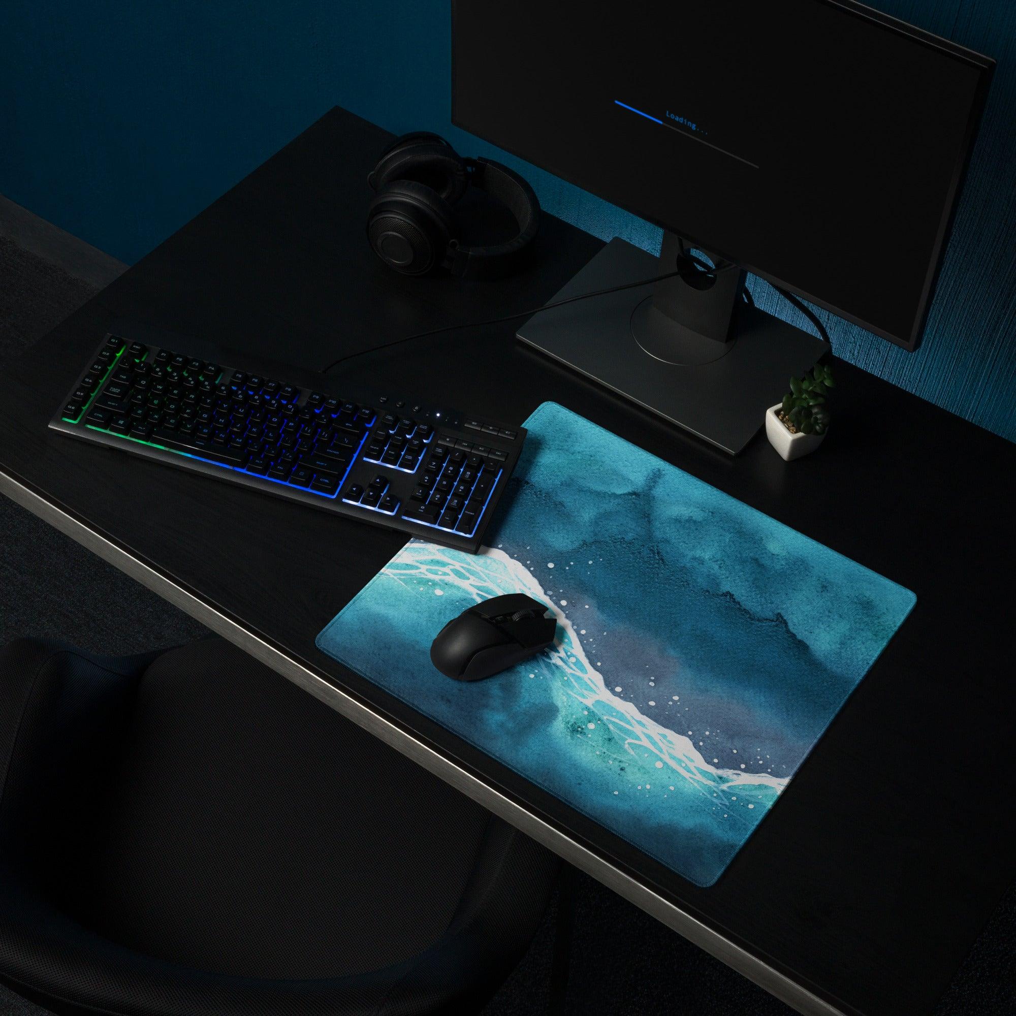 Blue watercolor ocean waves gaming mouse pad with non-slip backing
