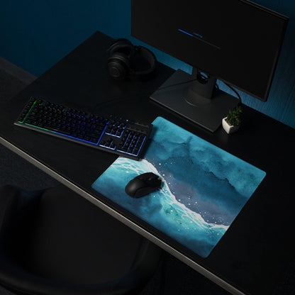 Blue watercolor ocean waves gaming mouse pad with non-slip backing