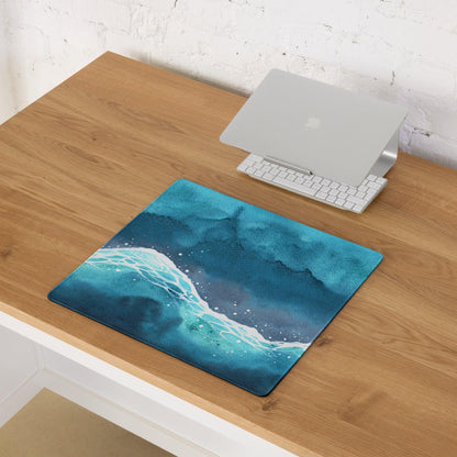 Blue watercolor ocean waves gaming mouse pad with non-slip backing