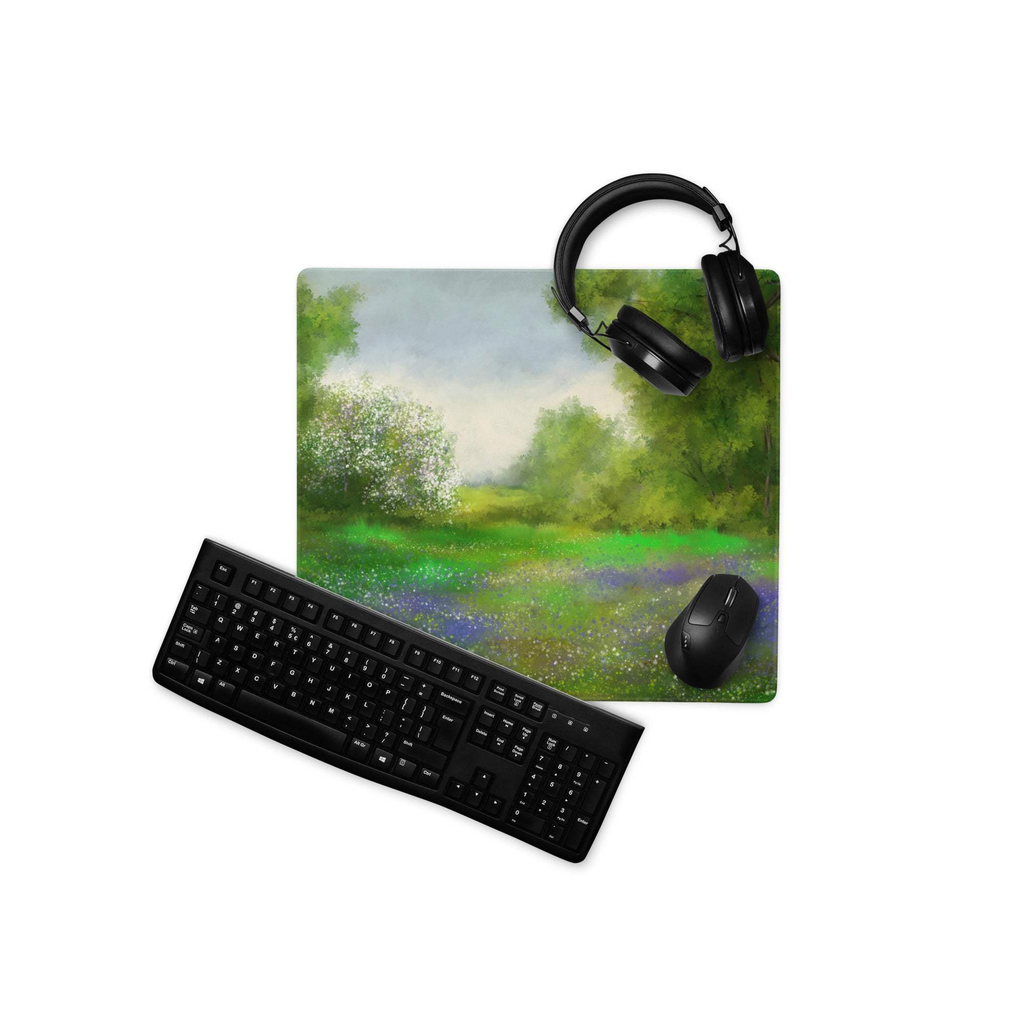Large impressionist calm green forest meadow gaming mouse pad with flowers