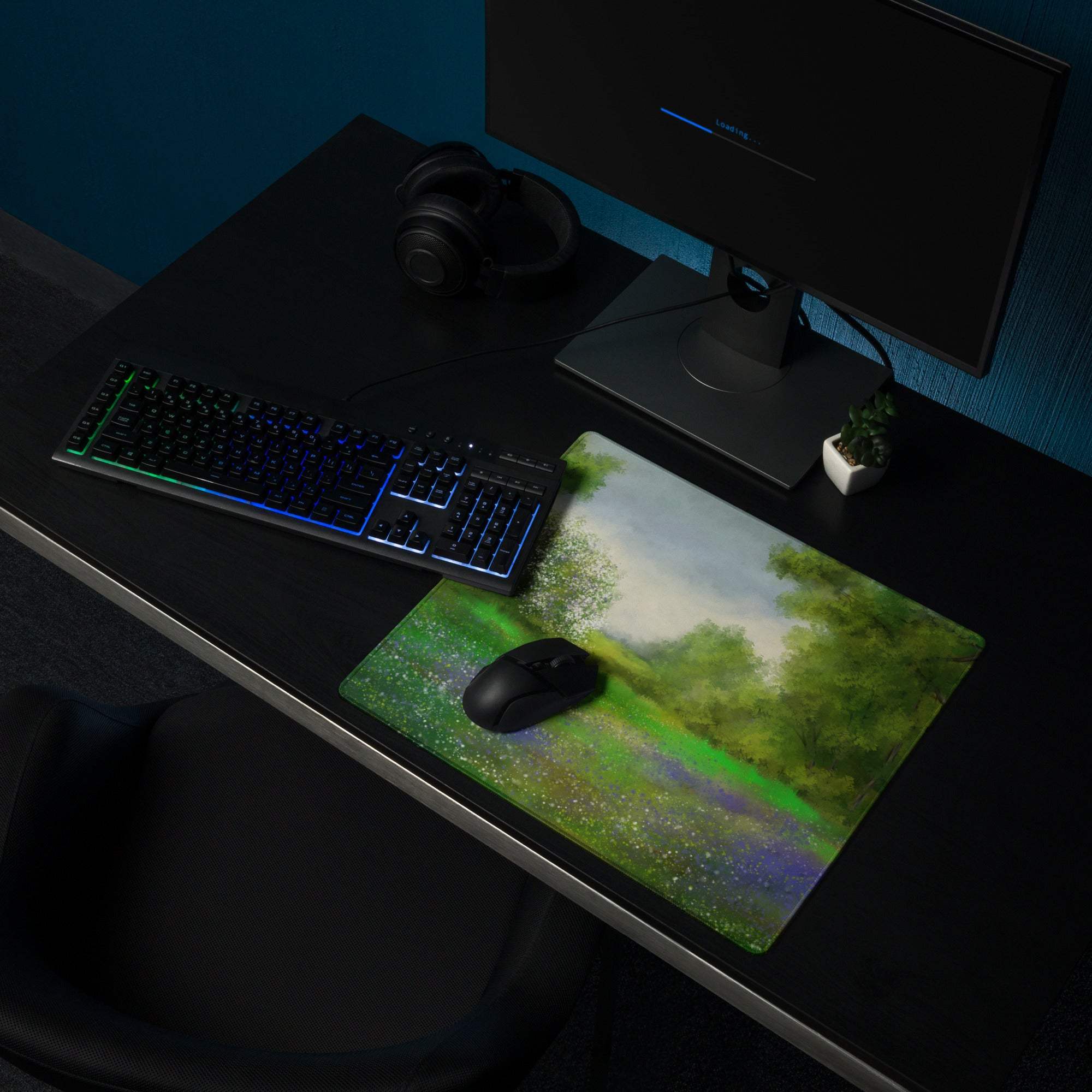 Impressionist calm green forest meadow gaming mouse pad with lush landscape