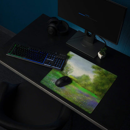 Impressionist calm green forest meadow gaming mouse pad with lush landscape