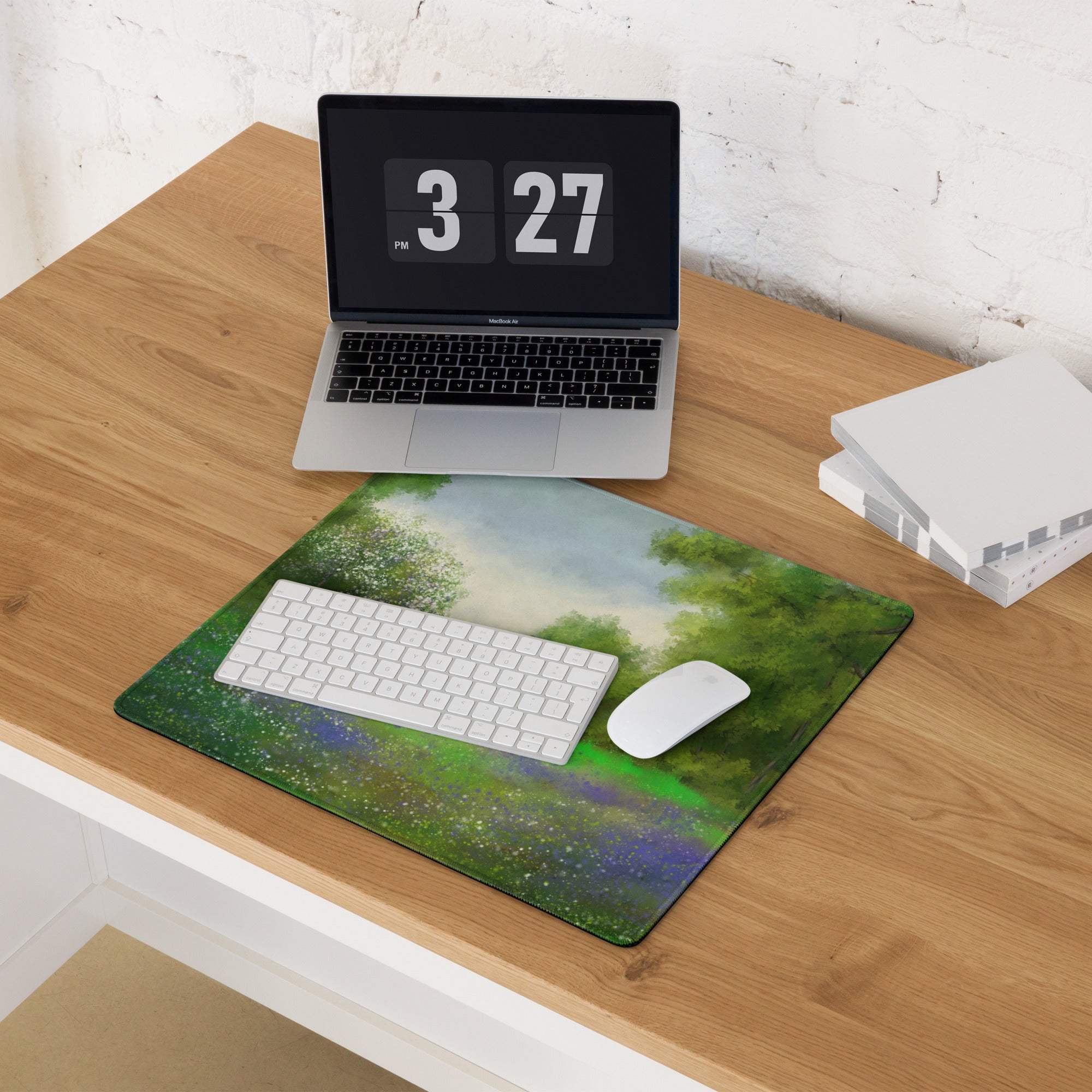 Impressionist green forest meadow mousepad with white keyboard and mouse