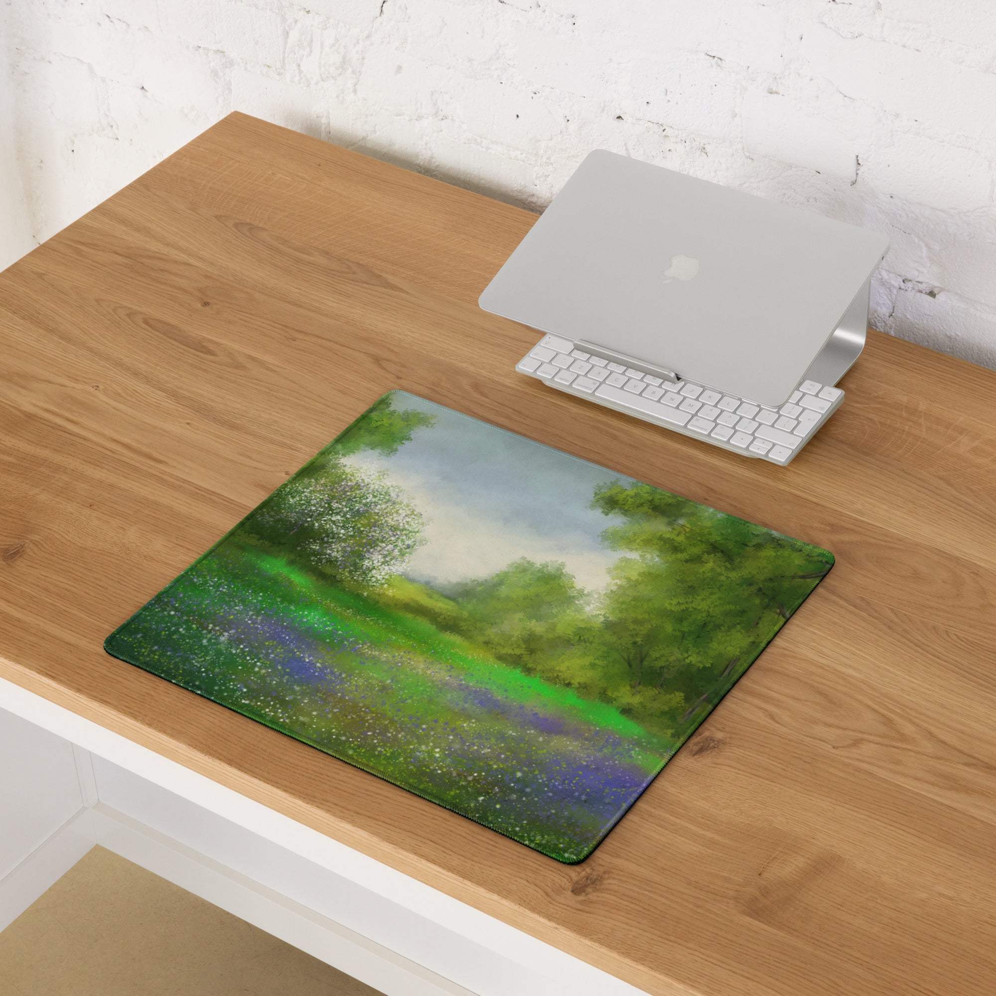 Impressionist calm green forest meadow gaming mouse pad with trees and flowers