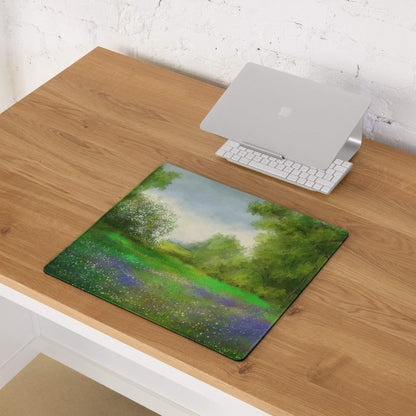 Impressionist calm green forest meadow gaming mouse pad with trees and flowers