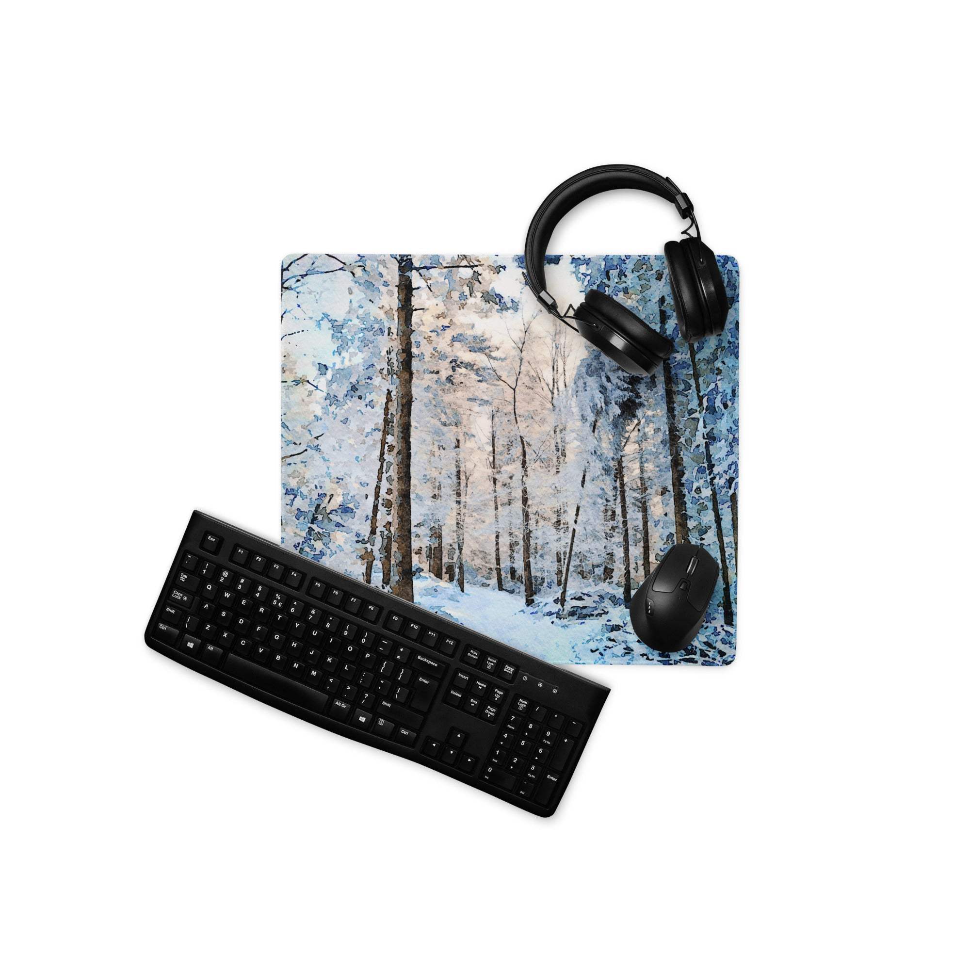 Winter forest blue white gaming mousepad with black keyboard headphones