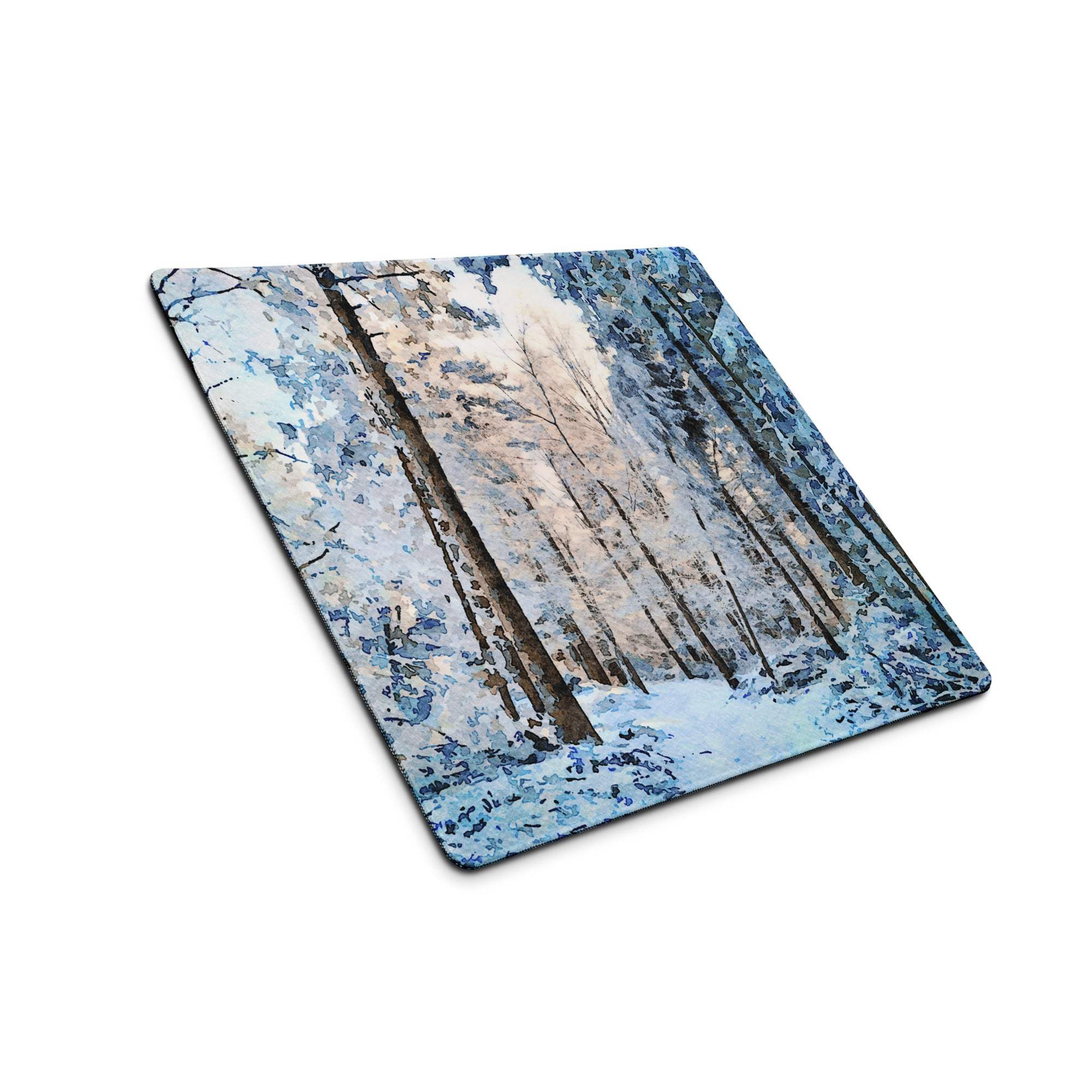 Blue and white winter forest gaming mouse pad with large size, non-slip base, edge stitching