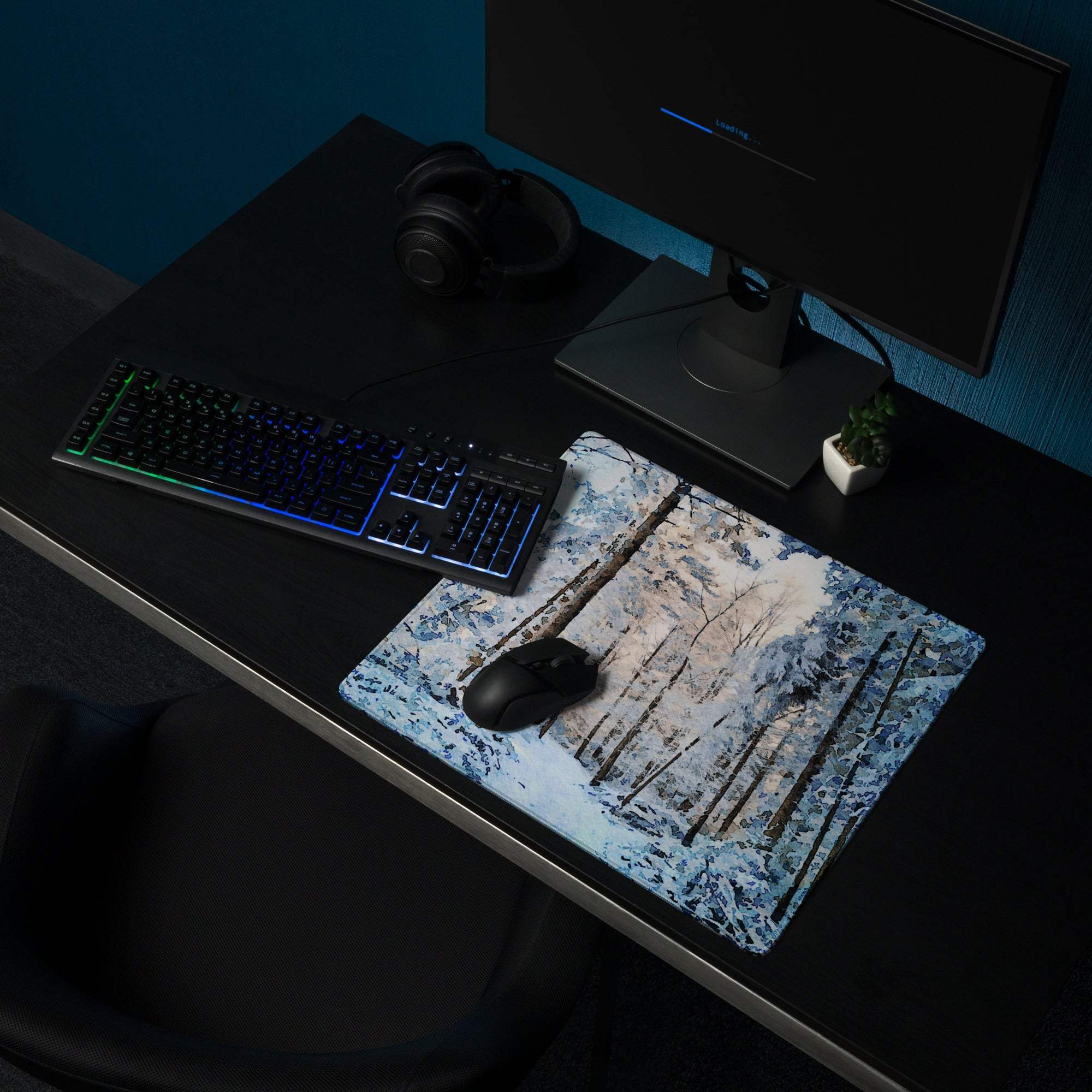 Winter Forest gaming mouse pad with large size, non-slip base, edge stitching