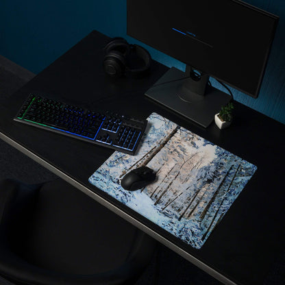 Winter Forest gaming mouse pad with large size, non-slip base, edge stitching