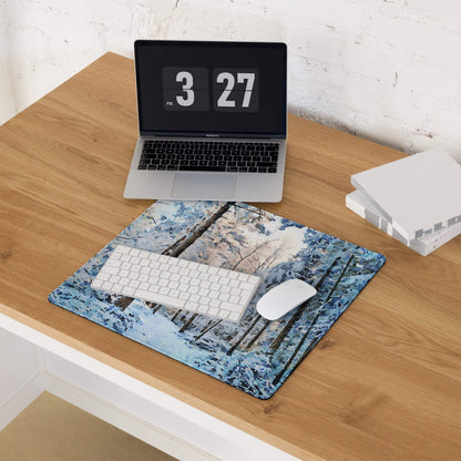 Blue winter forest gaming mouse pad with snow trees, large non-slip stitched design