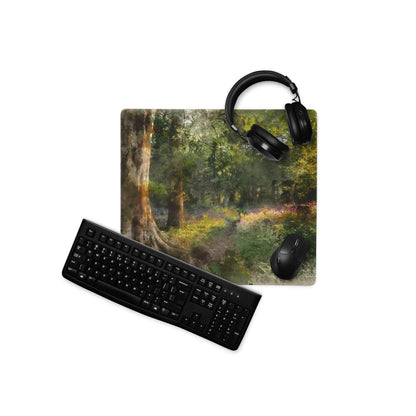 Black matte keyboard on artistic forest green gaming mouse pad