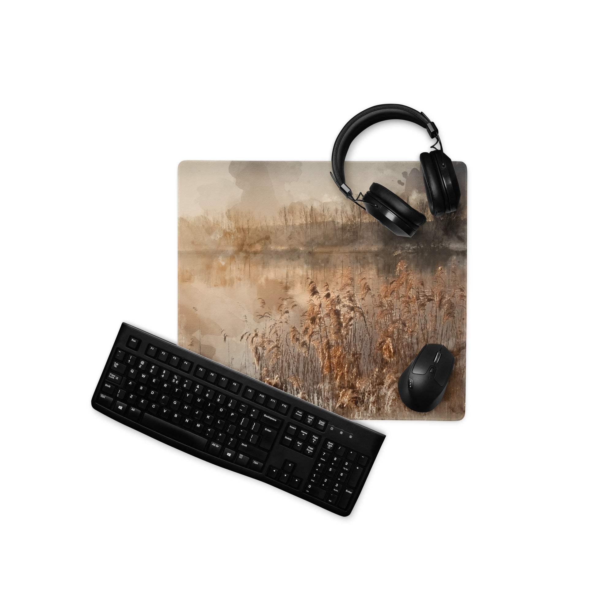 Watercolor sepia reeds gaming mouse pad with headphones