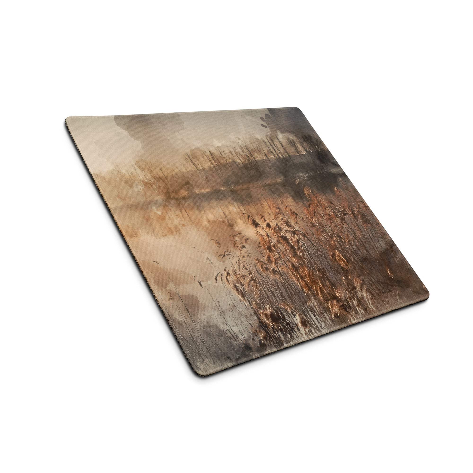 Square watercolor reeds misty waters gaming mouse pad in sepia tones