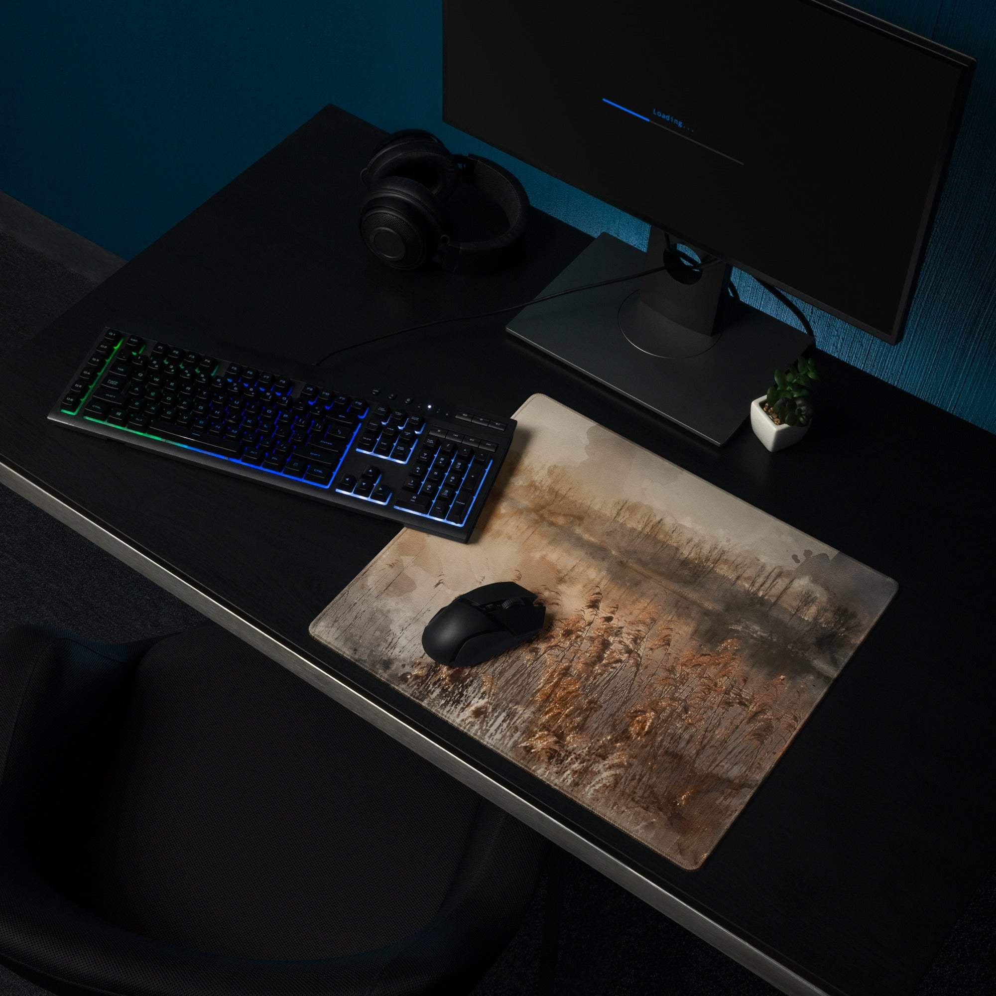 Extra large watercolor landscape gaming mouse pad in warm sepia tones