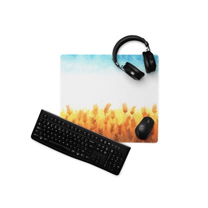 Autumn Leaves gaming mouse pad with golden wheat watercolor, keyboard, headphones