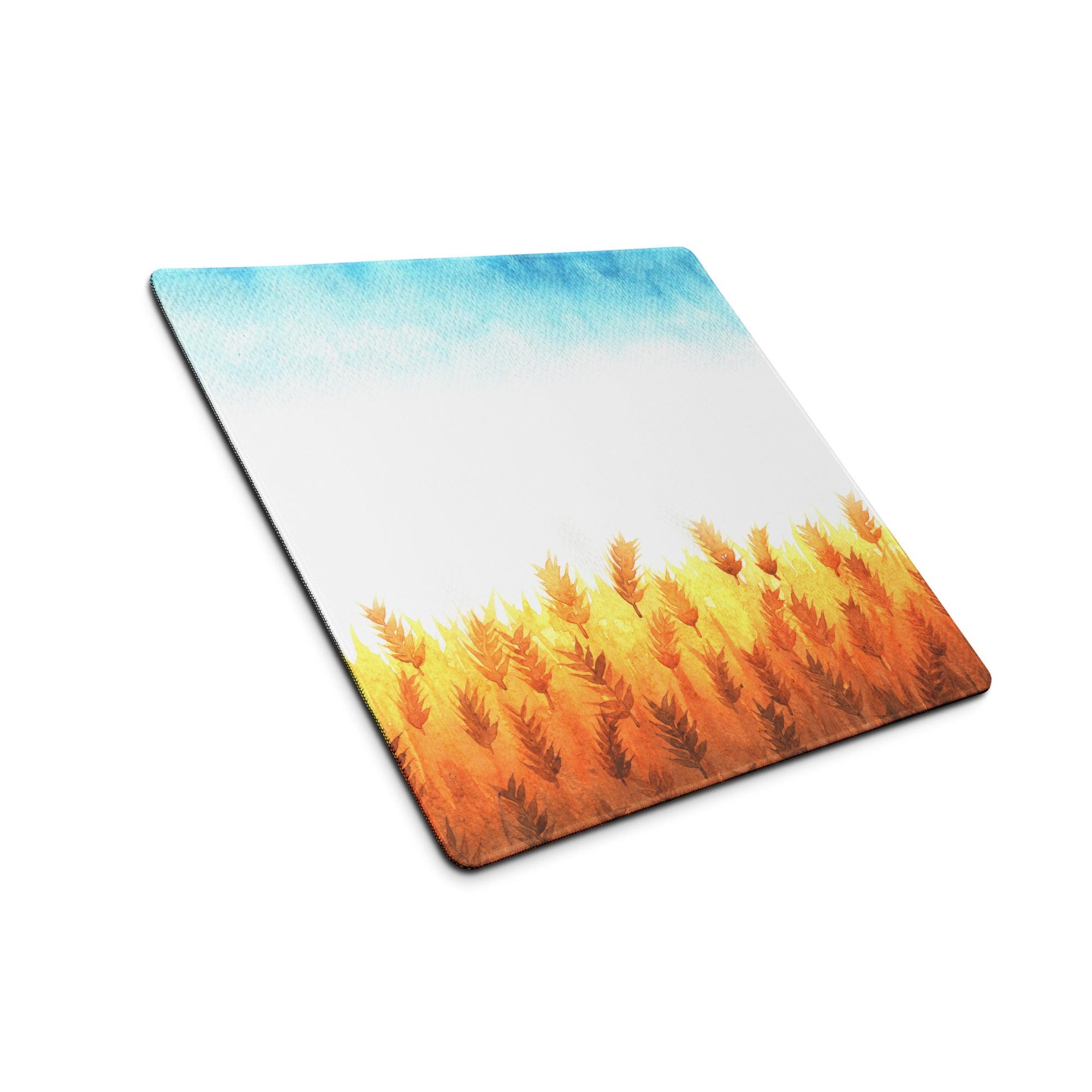 Autumn leaves gaming mouse pad with golden wheat watercolor fields