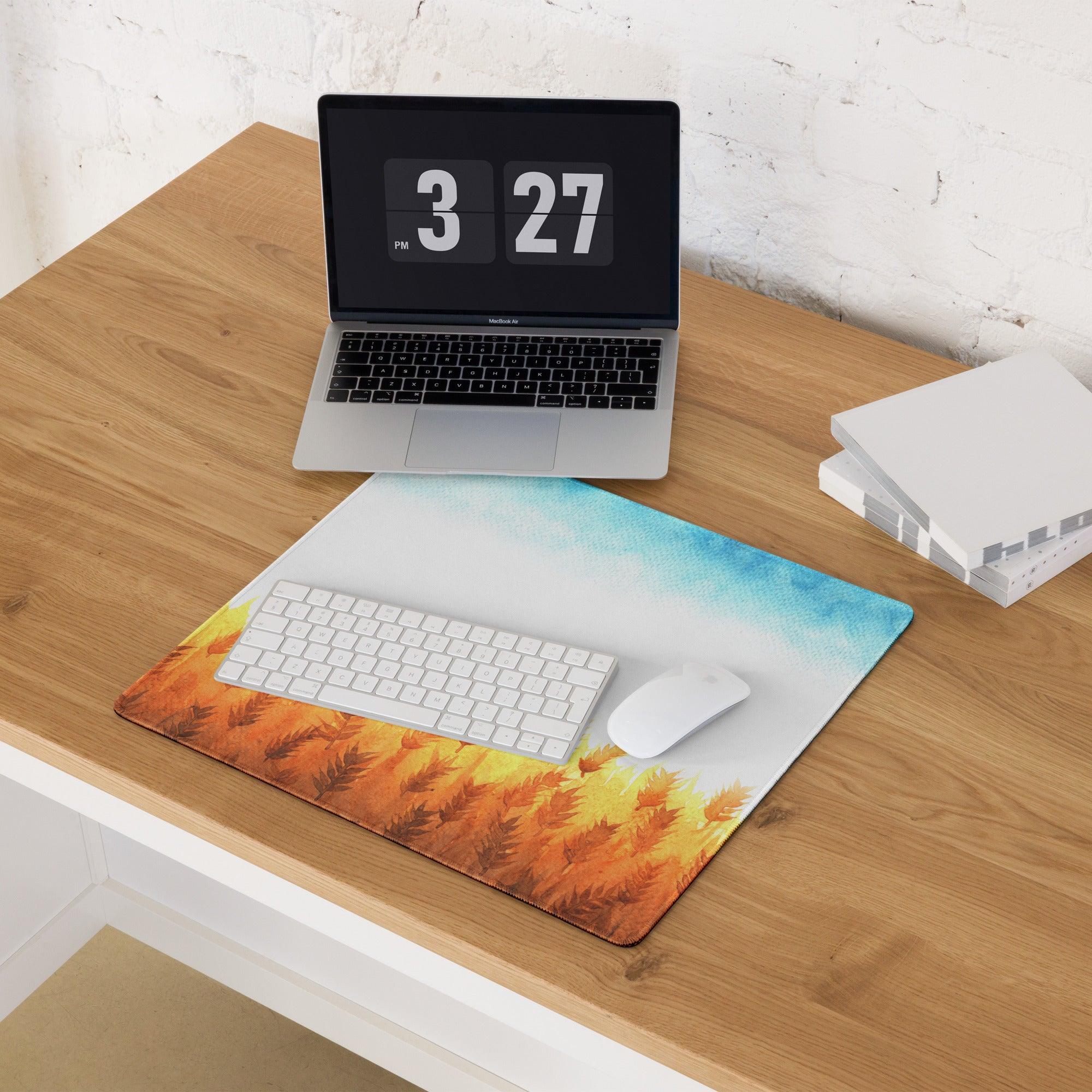 Autumn Leaves large gaming mouse pad with golden wheat watercolor design