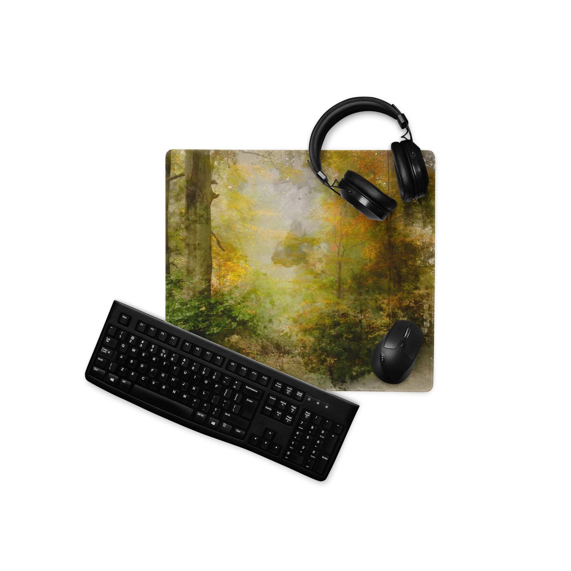 Large autumn forest watercolor gaming mouse pad with non-slip base
