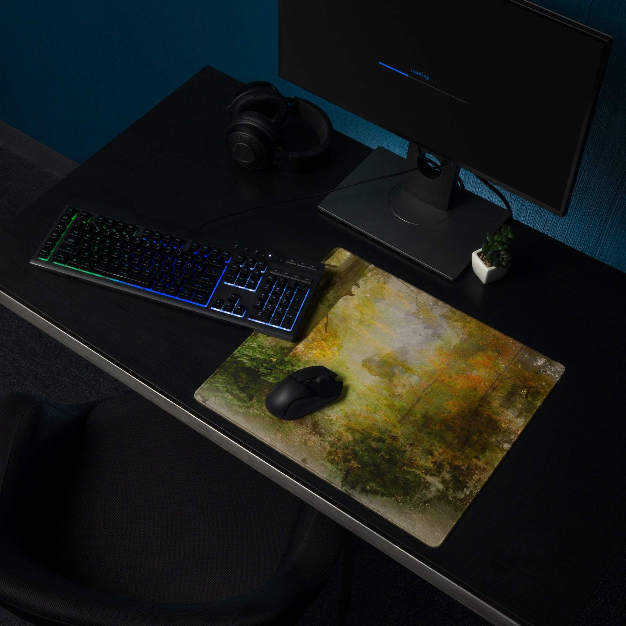 Large Autumn Forest gaming mouse pad with earthy abstract design