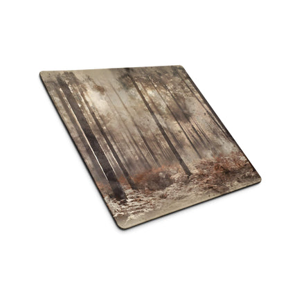 Square watercolor forest mouse pad in moody browns with trees and mist