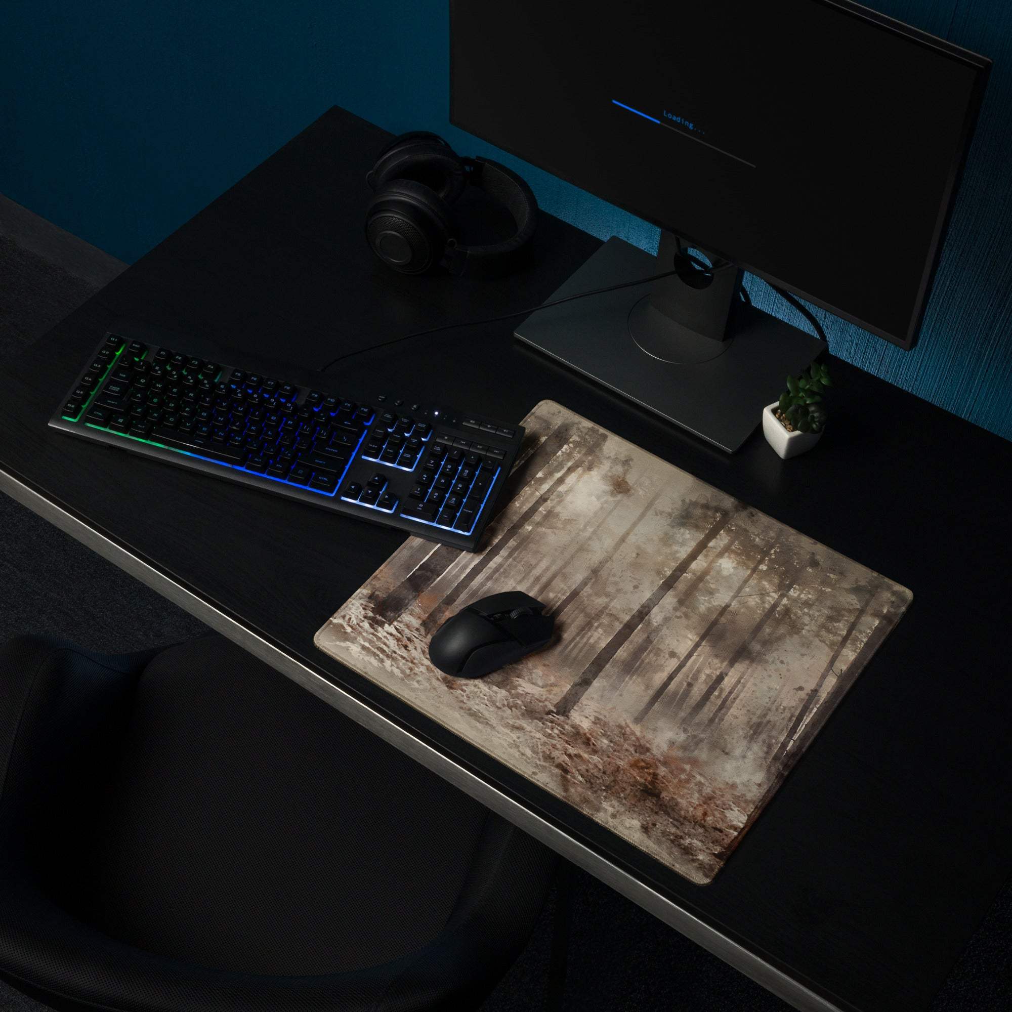 Watercolor forest scene mouse pad in moody browns, large non-slip gaming surface