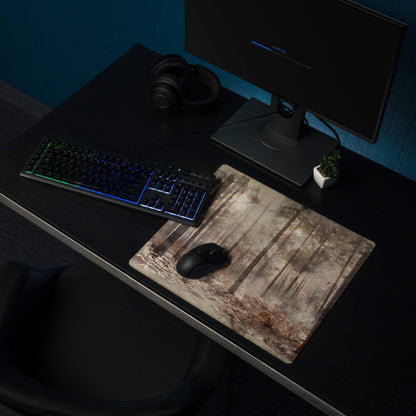 Watercolor forest scene mouse pad in moody browns, large non-slip gaming surface