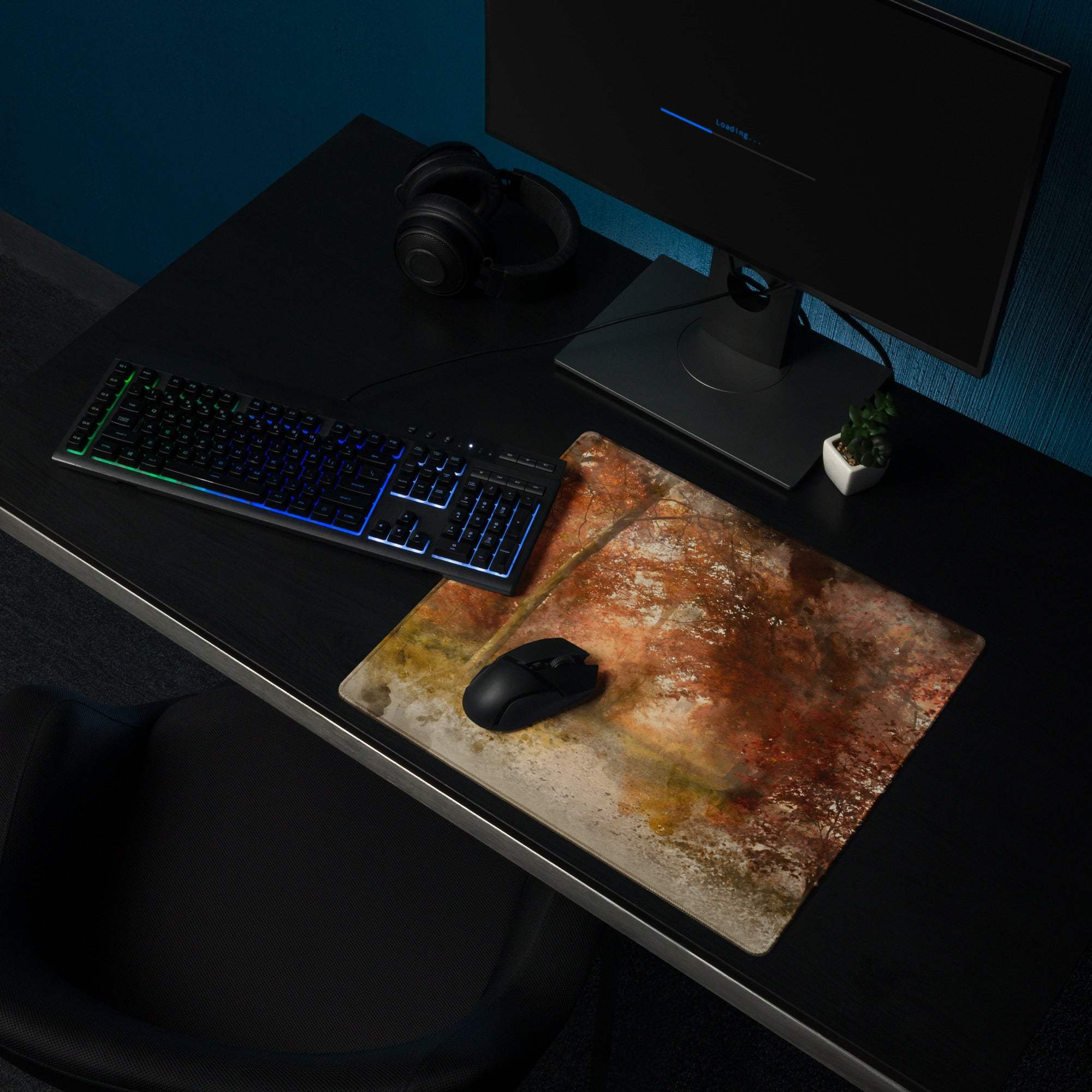 Large watercolor autumn forest path gaming mouse pad with rust beige design
